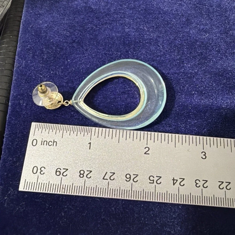 Teardrop acetate dangling Clear Blue Gold Tone Earrings